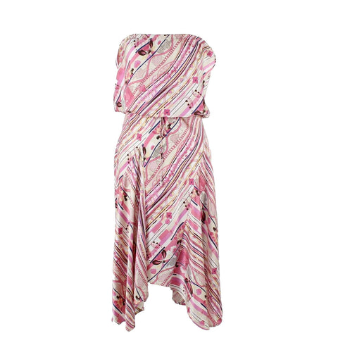 Junior Drake Sz S Pink Multi Drawstring Waist Asymmetrical Boho Silk Blend Dress