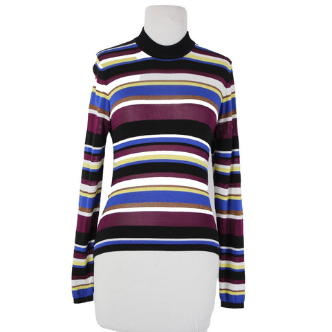 Rachel Roy Sz M Black Purple Multi Color Striped Collar Sheer Viscose Nylon Top