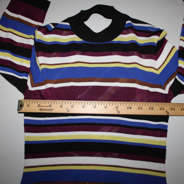 Rachel Roy Sz M Black Purple Multi Color Striped Collar Sheer Viscose Nylon Top