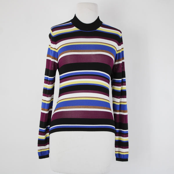 Rachel Roy Sz M Black Purple Multi Color Striped Collar Sheer Viscose Nylon Top