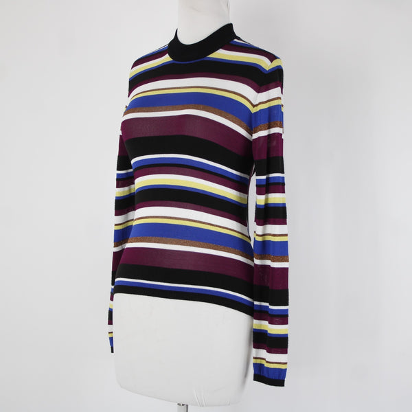 Rachel Roy Sz M Black Purple Multi Color Striped Collar Sheer Viscose Nylon Top