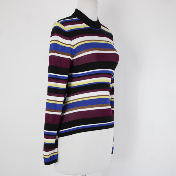 Rachel Roy Sz M Black Purple Multi Color Striped Collar Sheer Viscose Nylon Top