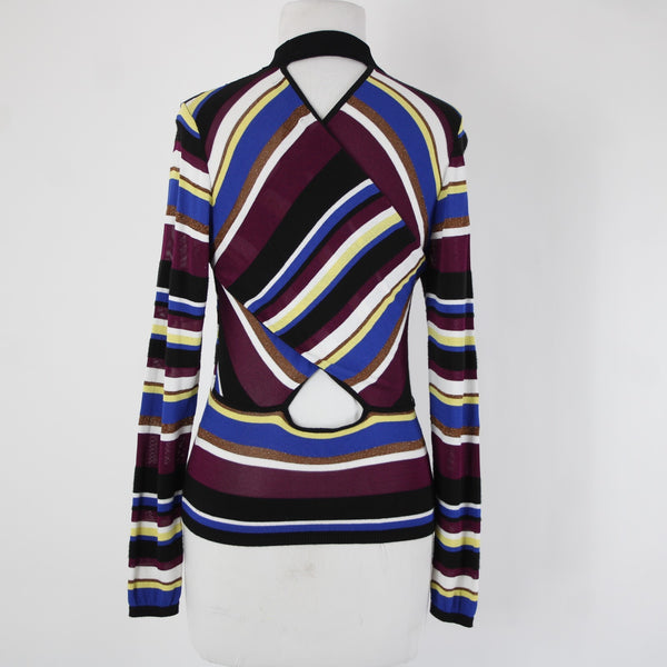 Rachel Roy Sz M Black Purple Multi Color Striped Collar Sheer Viscose Nylon Top
