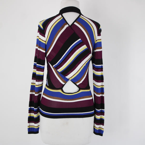 Rachel Roy Sz M Black Purple Multi Color Striped Collar Sheer Viscose Nylon Top