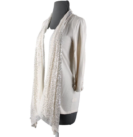 White House Black NEW $98 Sz S Cream Silver Sequin Collared Cotton Wrap Sweater