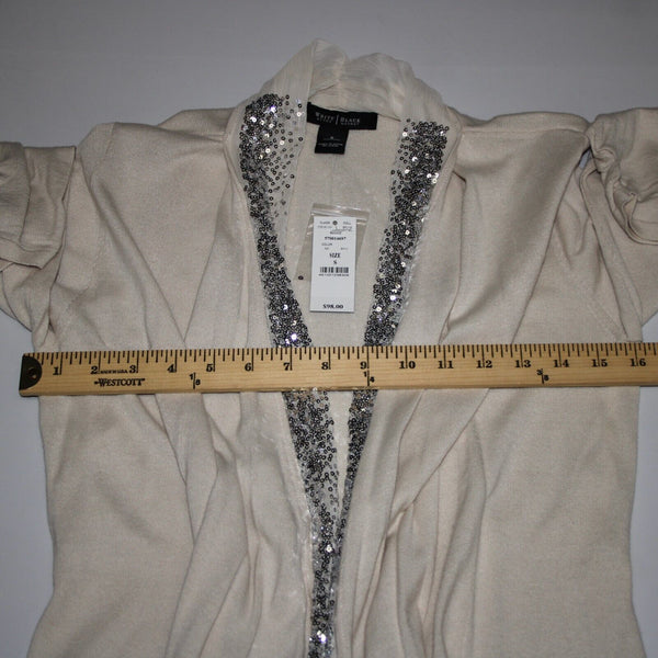 White House Black NEW $98 Sz S Cream Silver Sequin Collared Cotton Wrap Sweater