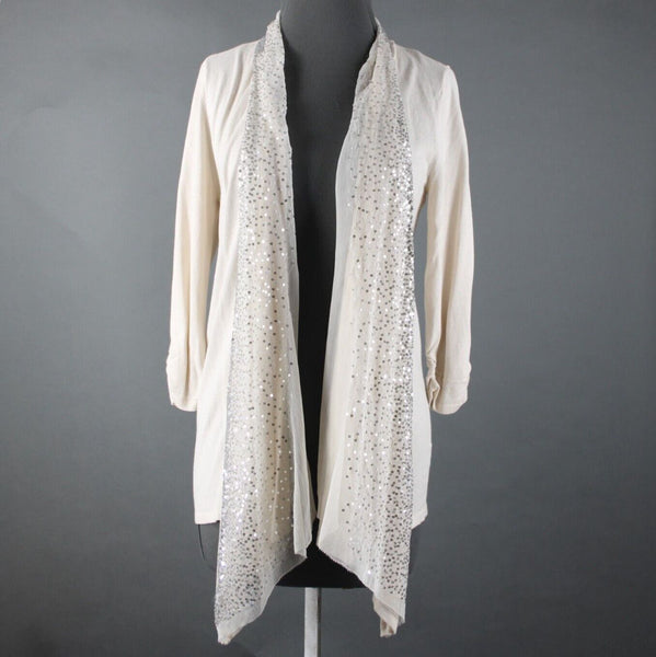 White House Black NEW $98 Sz S Cream Silver Sequin Collared Cotton Wrap Sweater