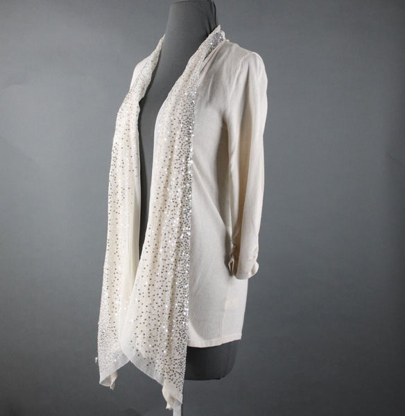 White House Black NEW $98 Sz S Cream Silver Sequin Collared Cotton Wrap Sweater