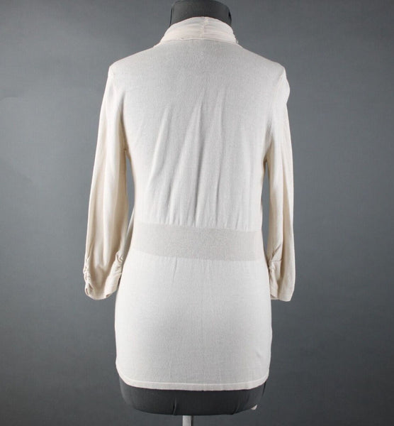 White House Black NEW $98 Sz S Cream Silver Sequin Collared Cotton Wrap Sweater