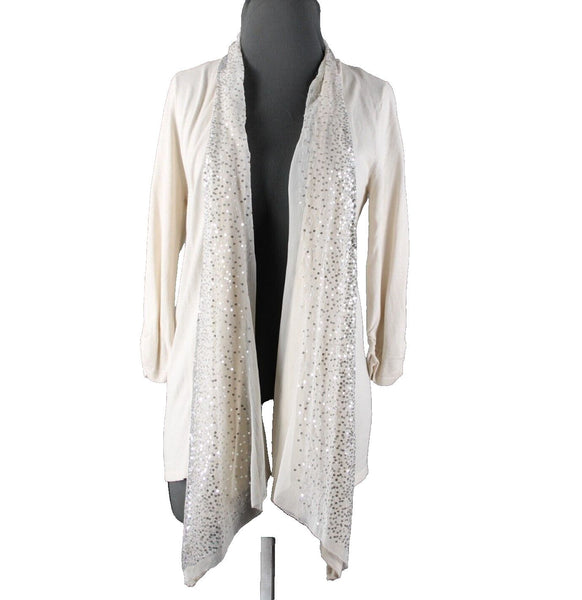 White House Black NEW $98 Sz S Cream Silver Sequin Collared Cotton Wrap Sweater