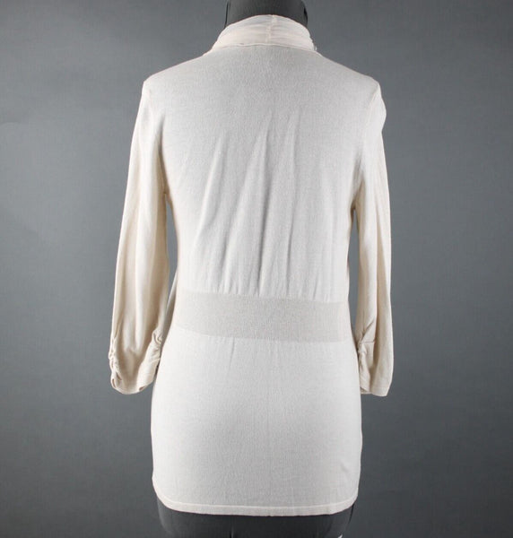 White House Black NEW $98 Sz S Cream Silver Sequin Collared Cotton Wrap Sweater