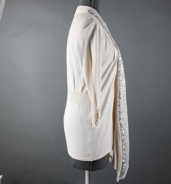 White House Black NEW $98 Sz S Cream Silver Sequin Collared Cotton Wrap Sweater