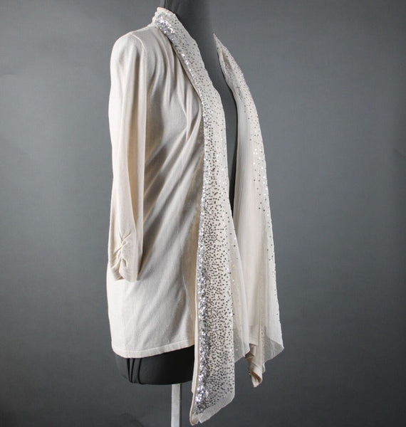White House Black NEW $98 Sz S Cream Silver Sequin Collared Cotton Wrap Sweater