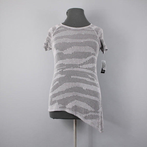 INC NEW $52 Sz XL Gray Metallic Blush Garden2 Open Knit Zebra Rayon Bld Asym Top