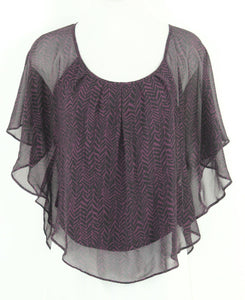 Express Sz XS Purple Black Sheer Overlay Butterfly Sleeve Poly Cotton Bld Top