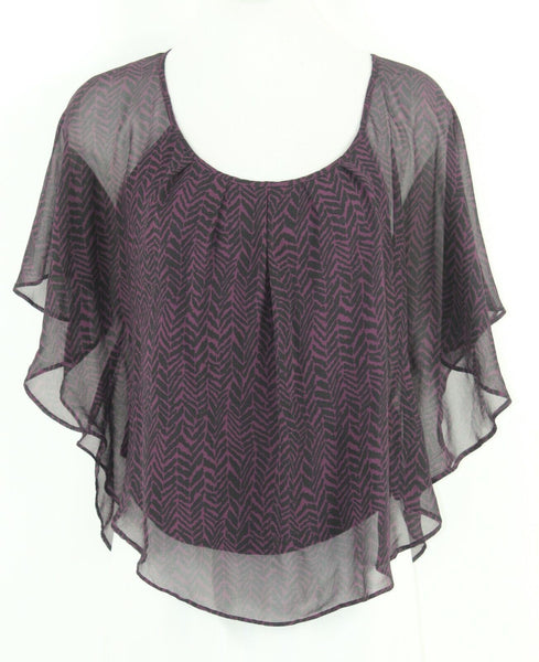 Express Sz XS Purple Black Sheer Overlay Butterfly Sleeve Poly Cotton Bld Top