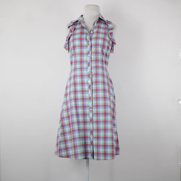 Kate Spade Sz 2 Blue Red Green Multi Color Collared Buttons 100% Cotton Dress