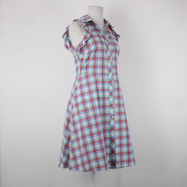 Kate Spade Sz 2 Blue Red Green Multi Color Collared Buttons 100% Cotton Dress