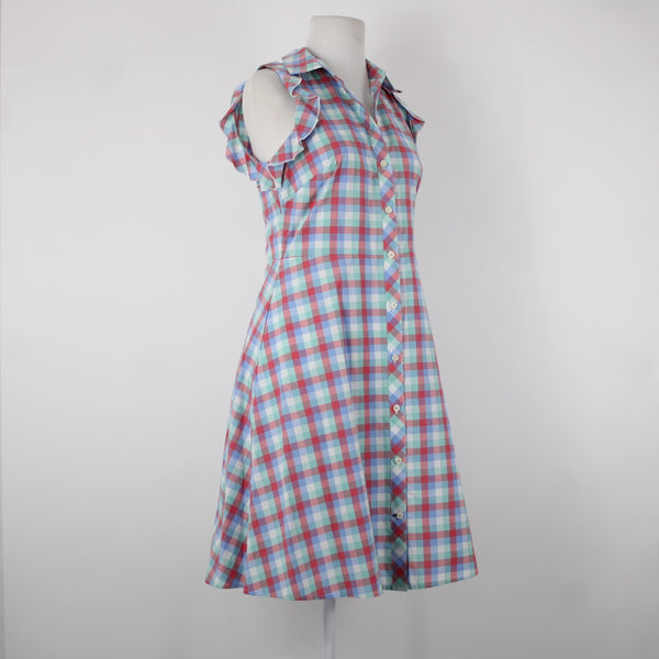Kate Spade Sz 2 Blue Red Green Multi Color Collared Buttons 100% Cotton Dress