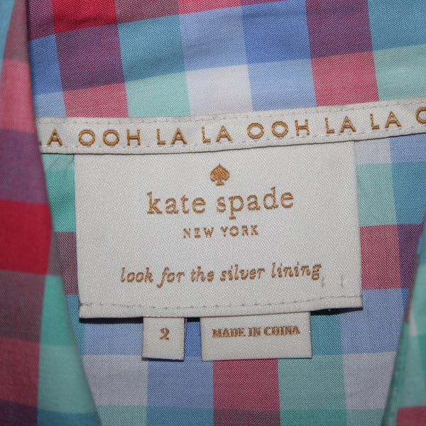 Kate Spade Sz 2 Blue Red Green Multi Color Collared Buttons 100% Cotton Dress