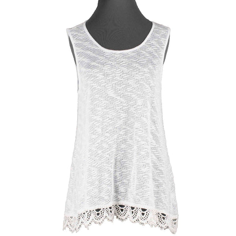 Style Co Sz M White Hi Lo Textured Ivory Lace Trim Poly Cotton Knit Top