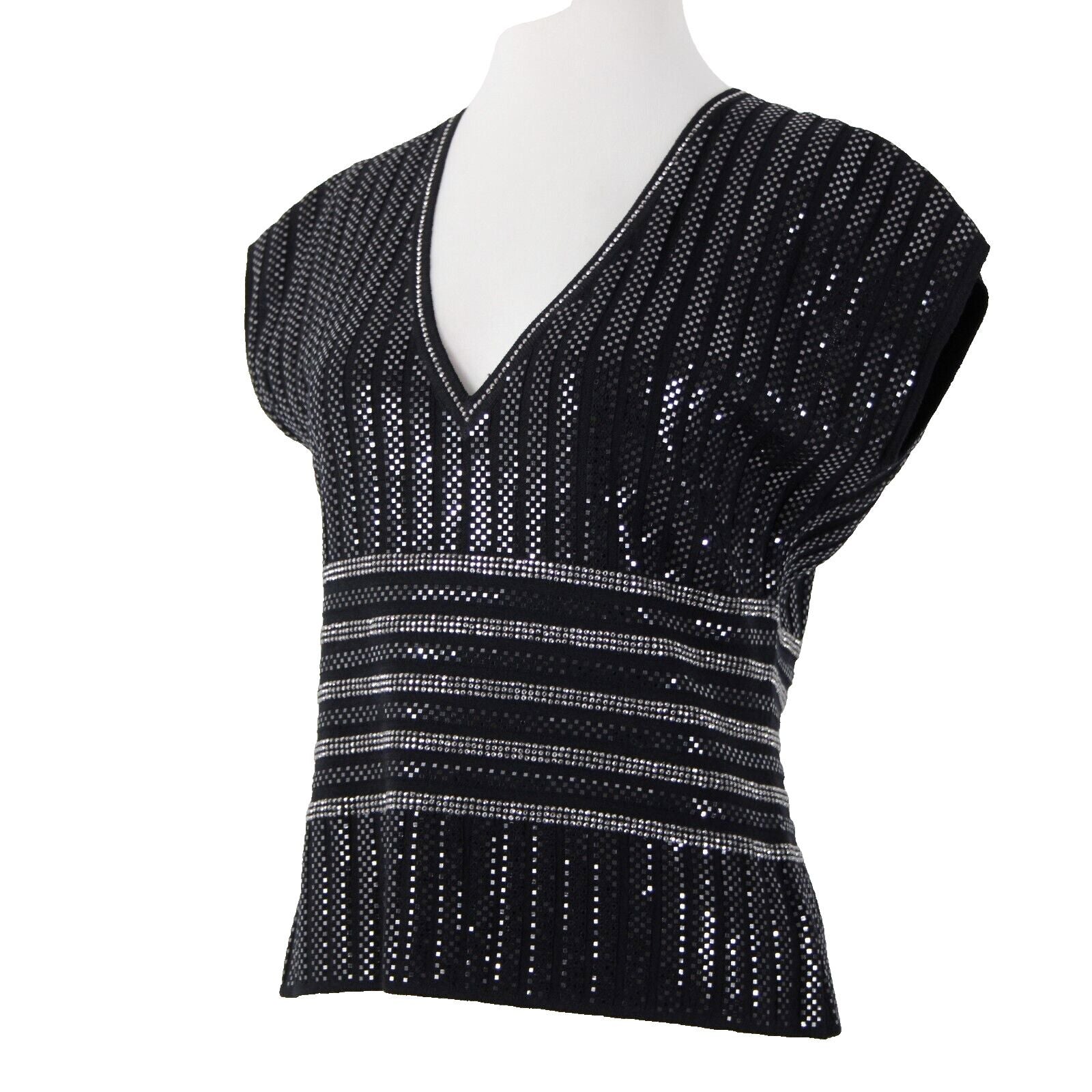 St John Evening Sz 8 Black Silver Stud Paillettes V Neck Santana Knit Top