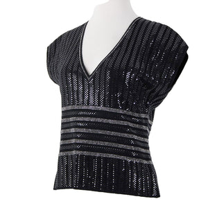 St John Evening Sz 8 Black Silver Stud Paillettes V Neck Santana Knit Top