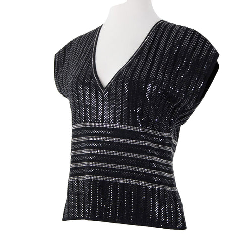 St John Evening Sz 8 Black Silver Stud Paillettes V Neck Santana Knit Top