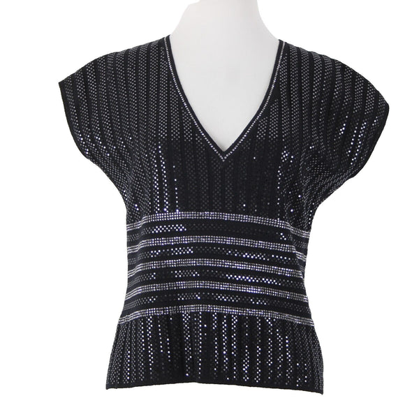 St John Evening Sz 8 Black Silver Stud Paillettes V Neck Santana Knit Top