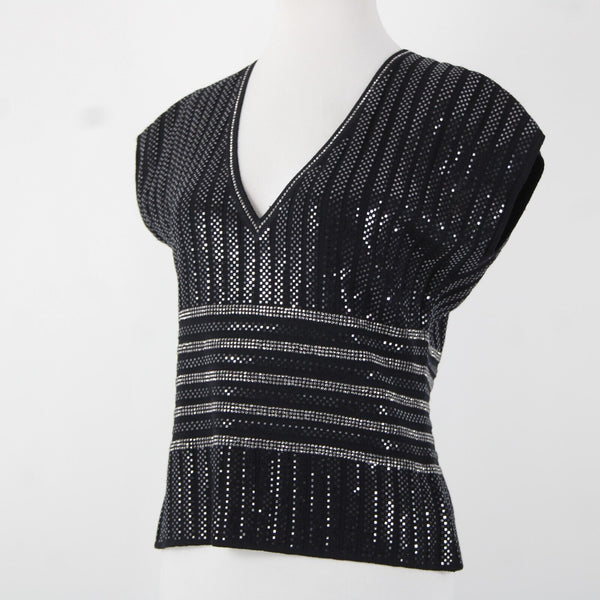 St John Evening Sz 8 Black Silver Stud Paillettes V Neck Santana Knit Top