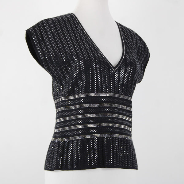 St John Evening Sz 8 Black Silver Stud Paillettes V Neck Santana Knit Top