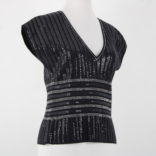 St John Evening Sz 8 Black Silver Stud Paillettes V Neck Santana Knit Top