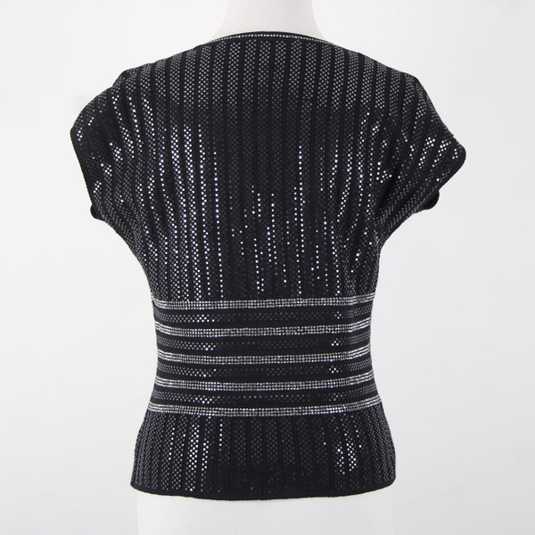 St John Evening Sz 8 Black Silver Stud Paillettes V Neck Santana Knit Top