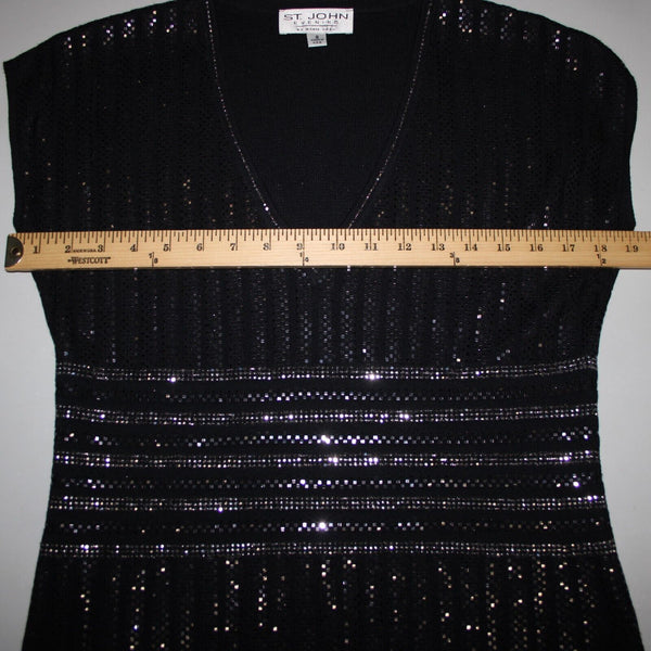 St John Evening Sz 8 Black Silver Stud Paillettes V Neck Santana Knit Top