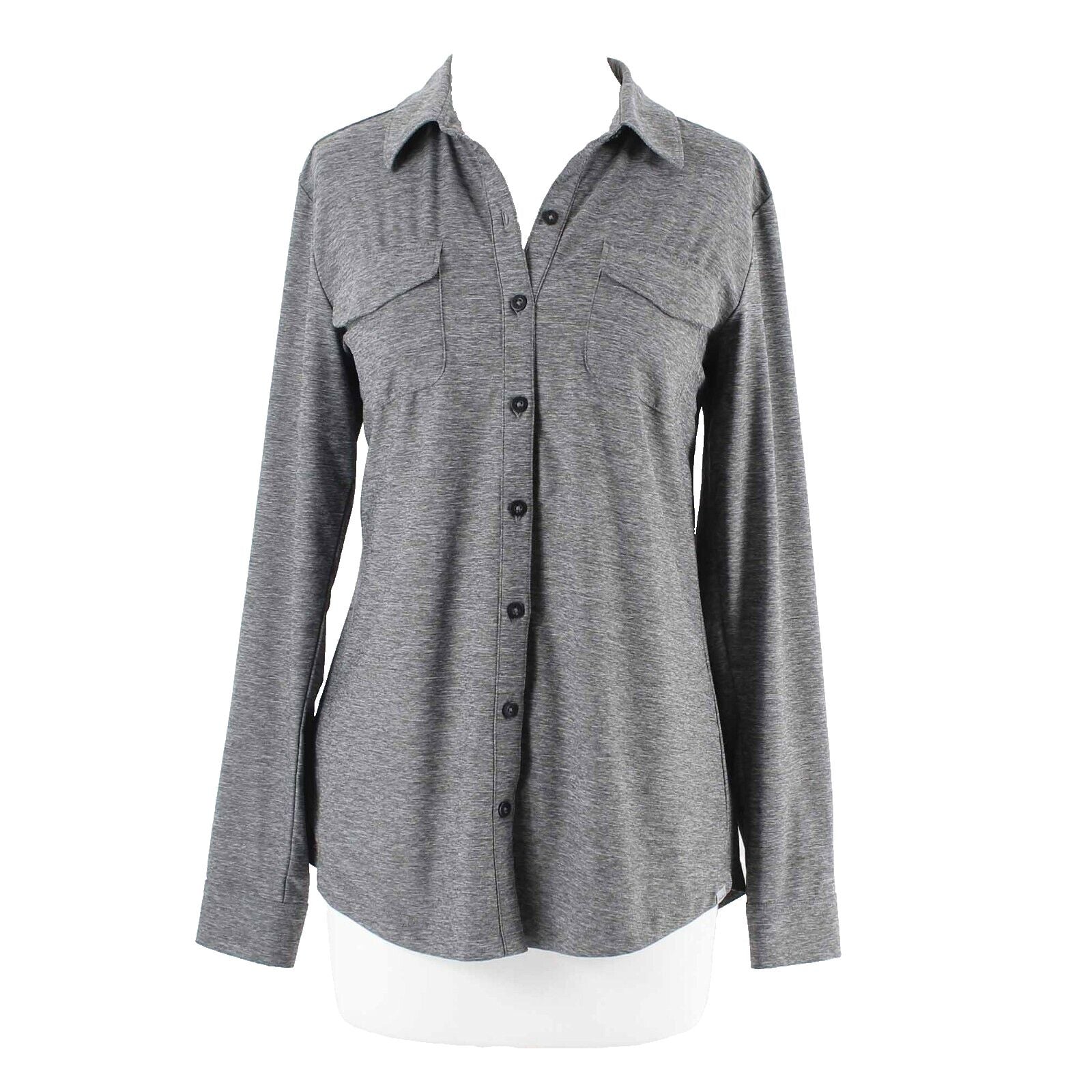 Eddie Bauer Sz M Gray Tab Sleeve Button Up Polyester Blend Top