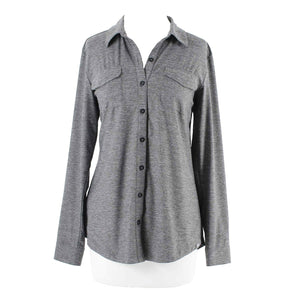Eddie Bauer Sz M Gray Tab Sleeve Button Up Polyester Blend Top