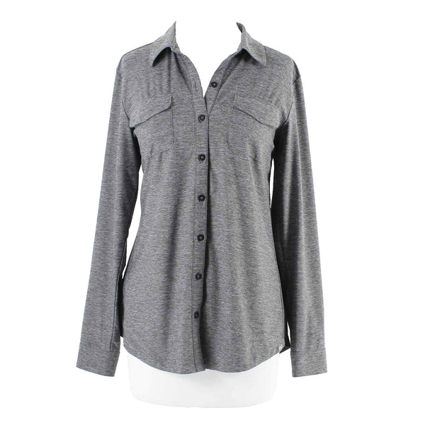 Eddie Bauer Sz M Gray Tab Sleeve Button Up Polyester Blend Top