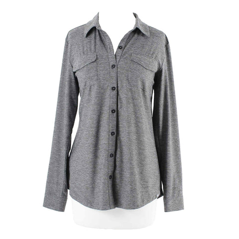 Eddie Bauer Sz M Gray Tab Sleeve Button Up Polyester Blend Top