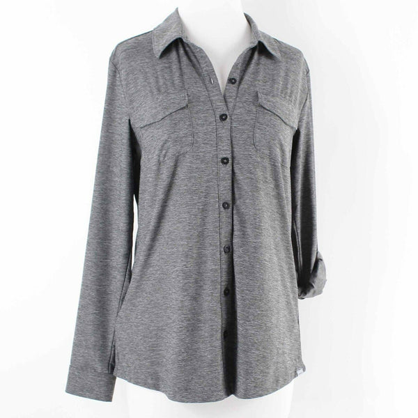 Eddie Bauer Sz M Gray Tab Sleeve Button Up Polyester Blend Top