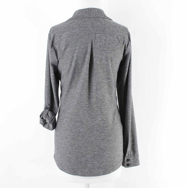 Eddie Bauer Sz M Gray Tab Sleeve Button Up Polyester Blend Top