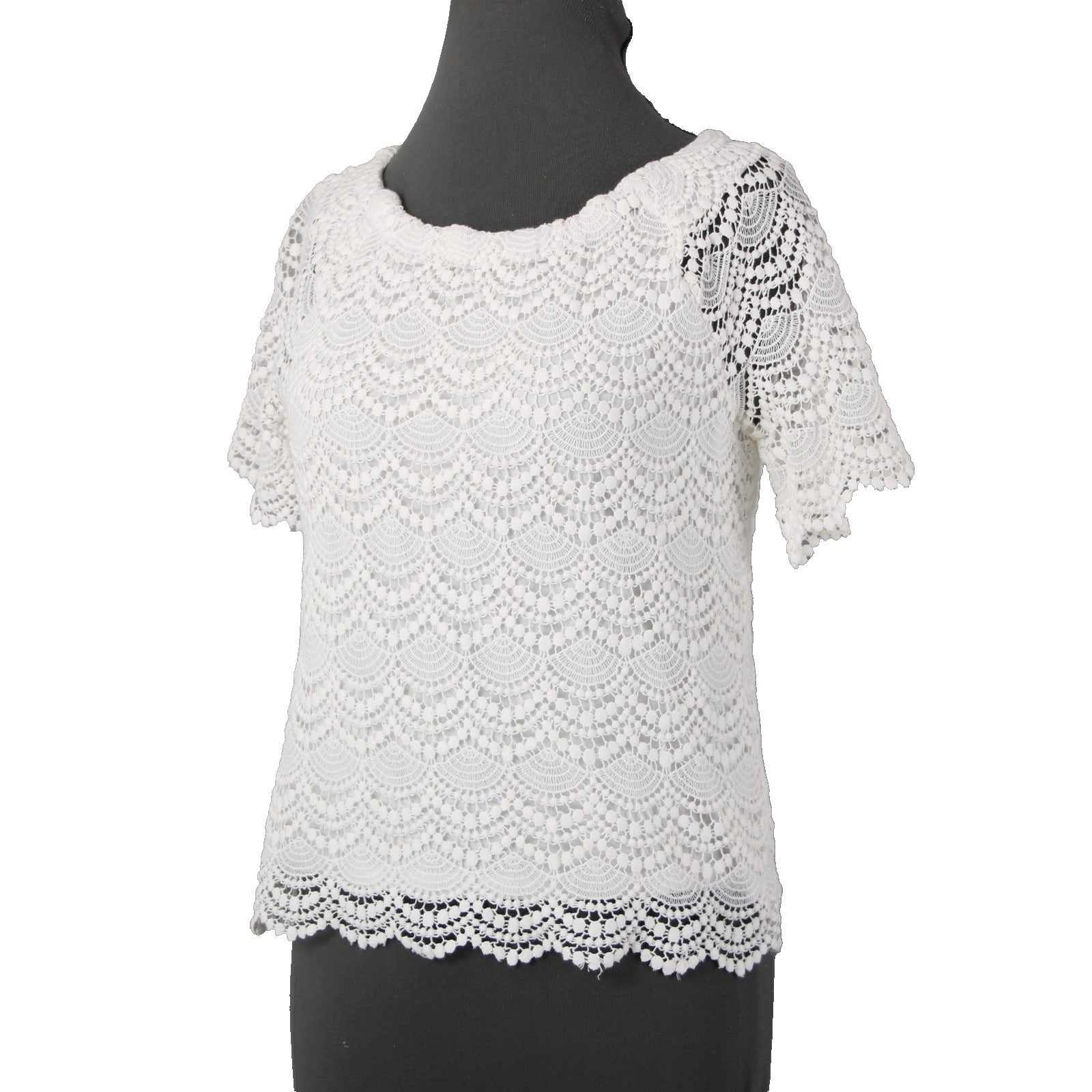 Talbots Petites Sz Sp White Scallop Lace Sheer Sleeve Cotton Blend Lined Top