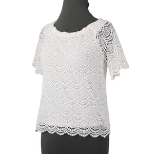 Talbots Petites Sz Sp White Scallop Lace Sheer Sleeve Cotton Blend Lined Top