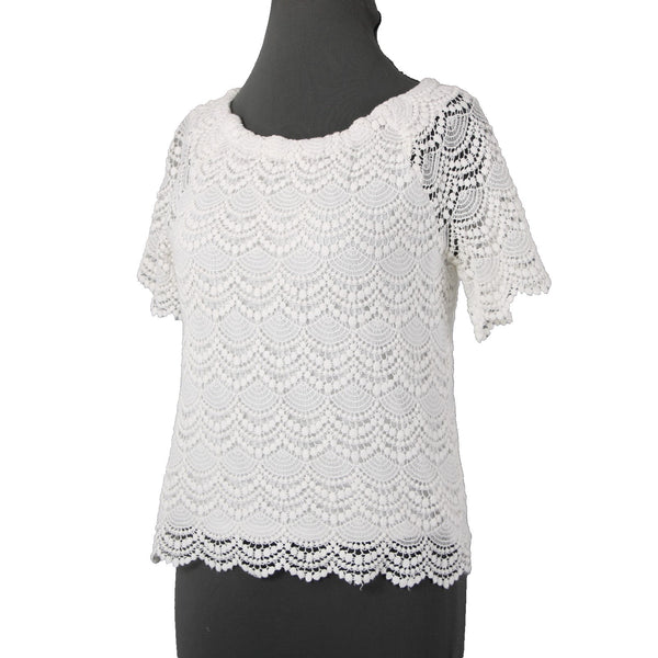 Talbots Petites Sz Sp White Scallop Lace Sheer Sleeve Cotton Blend Lined Top