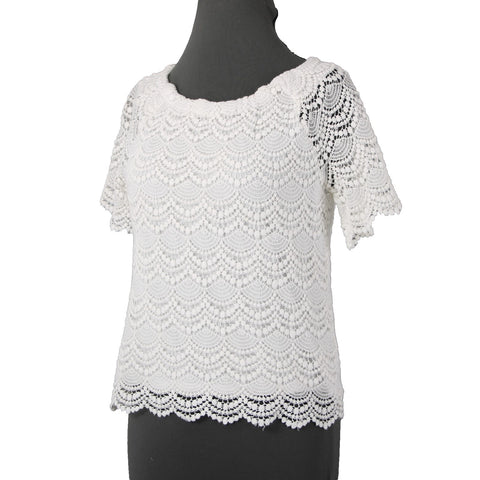 Talbots Petites Sz Sp White Scallop Lace Sheer Sleeve Cotton Blend Lined Top