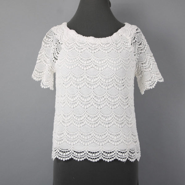 Talbots Petites Sz Sp White Scallop Lace Sheer Sleeve Cotton Blend Lined Top