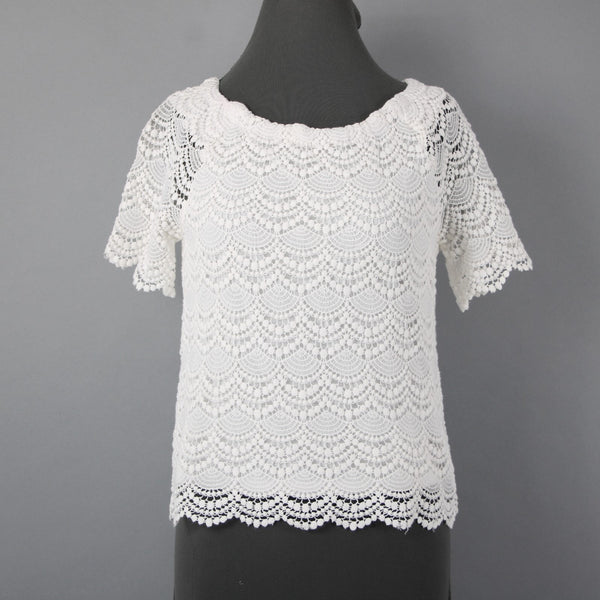 Talbots Petites Sz Sp White Scallop Lace Sheer Sleeve Cotton Blend Lined Top