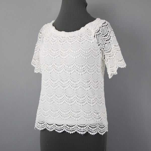 Talbots Petites Sz Sp White Scallop Lace Sheer Sleeve Cotton Blend Lined Top