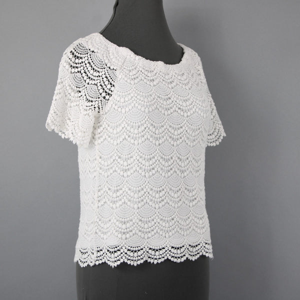Talbots Petites Sz Sp White Scallop Lace Sheer Sleeve Cotton Blend Lined Top