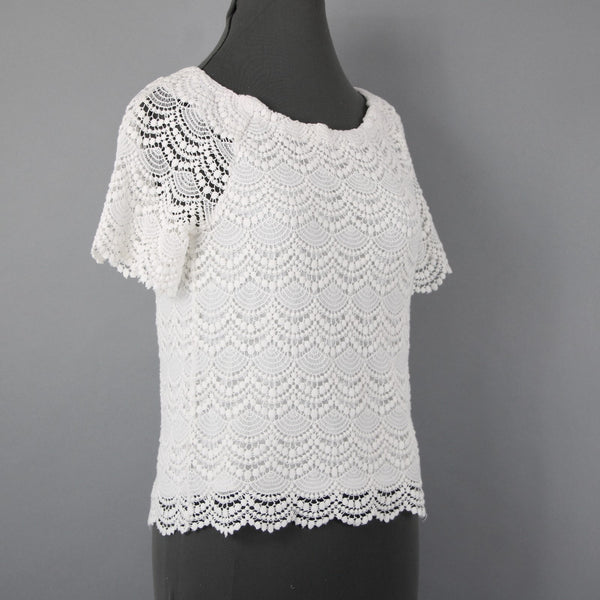 Talbots Petites Sz Sp White Scallop Lace Sheer Sleeve Cotton Blend Lined Top