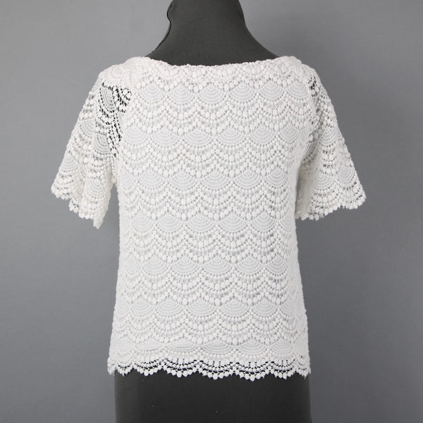 Talbots Petites Sz Sp White Scallop Lace Sheer Sleeve Cotton Blend Lined Top